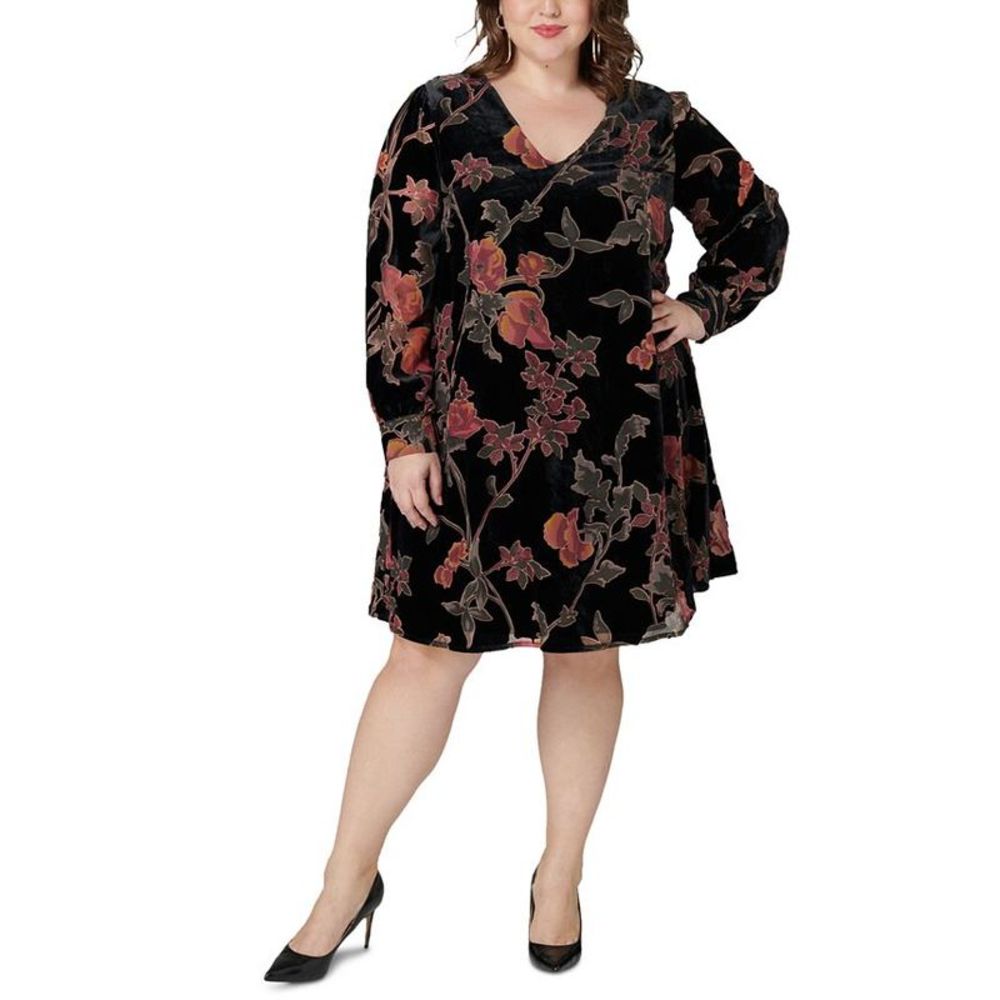 Maree Pour Toi Women's Floral Print Velvet Trapeze Dress Black Size 20